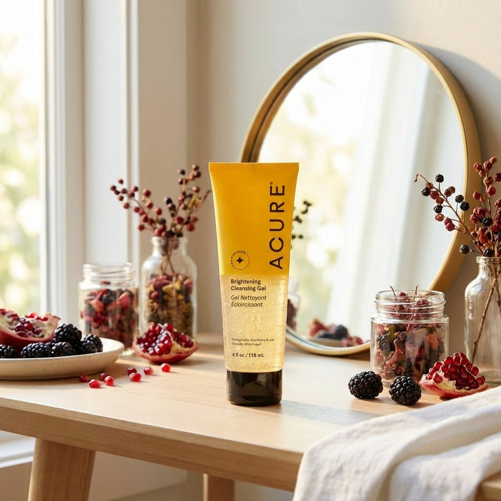A vibrant lifestyle scene featuring the ACURE Brightening Cleansing Gel on a minimalist vanity table next to a mirror, with natural daylight streaming through a window, creating a soft, diffused glow. The product is centered, with a shallow depth of field 