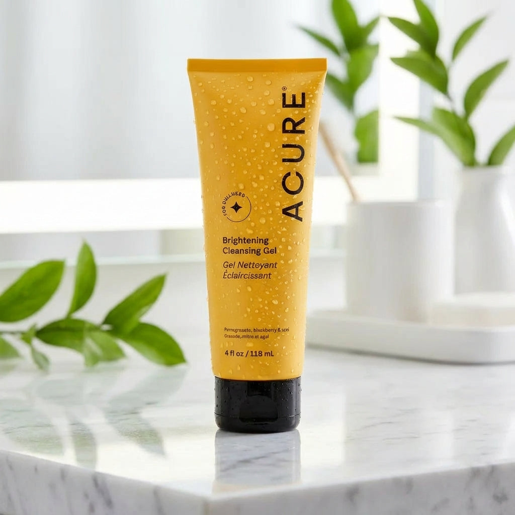 An elegant, high-fashion scene showcasing the ACURE Brightening Cleansing Gel on a luxurious marble countertop, with dramatic rim lighting that accentuates the clarity and modern design of the bottle. The background features a softly lit, minimalist vanity