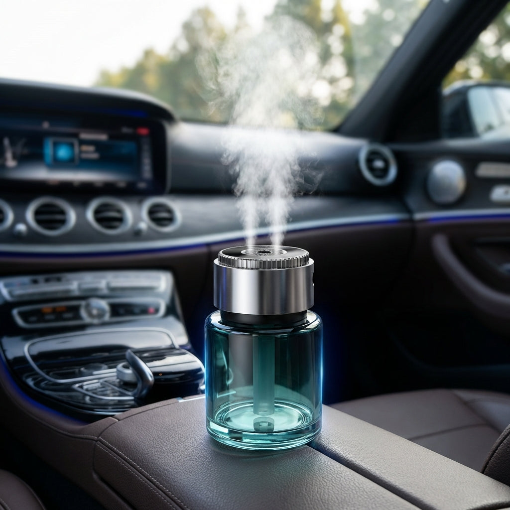 Smart car perfume diffuser releasing mist inside luxury car interior from Auranza Cart
