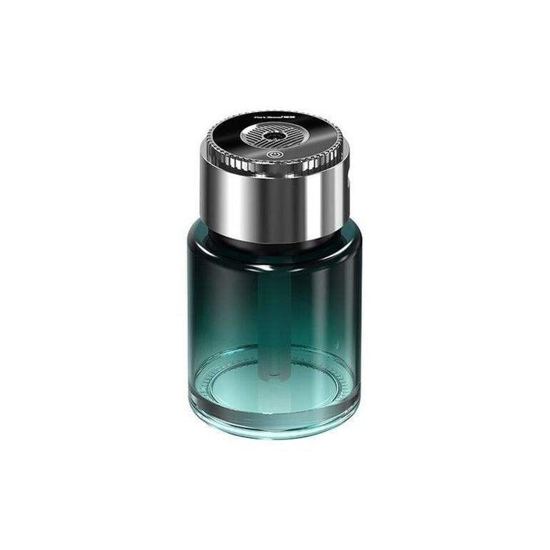Auranza Cart smart car perfume diffuser with sleek silver top and green glass bottle design
