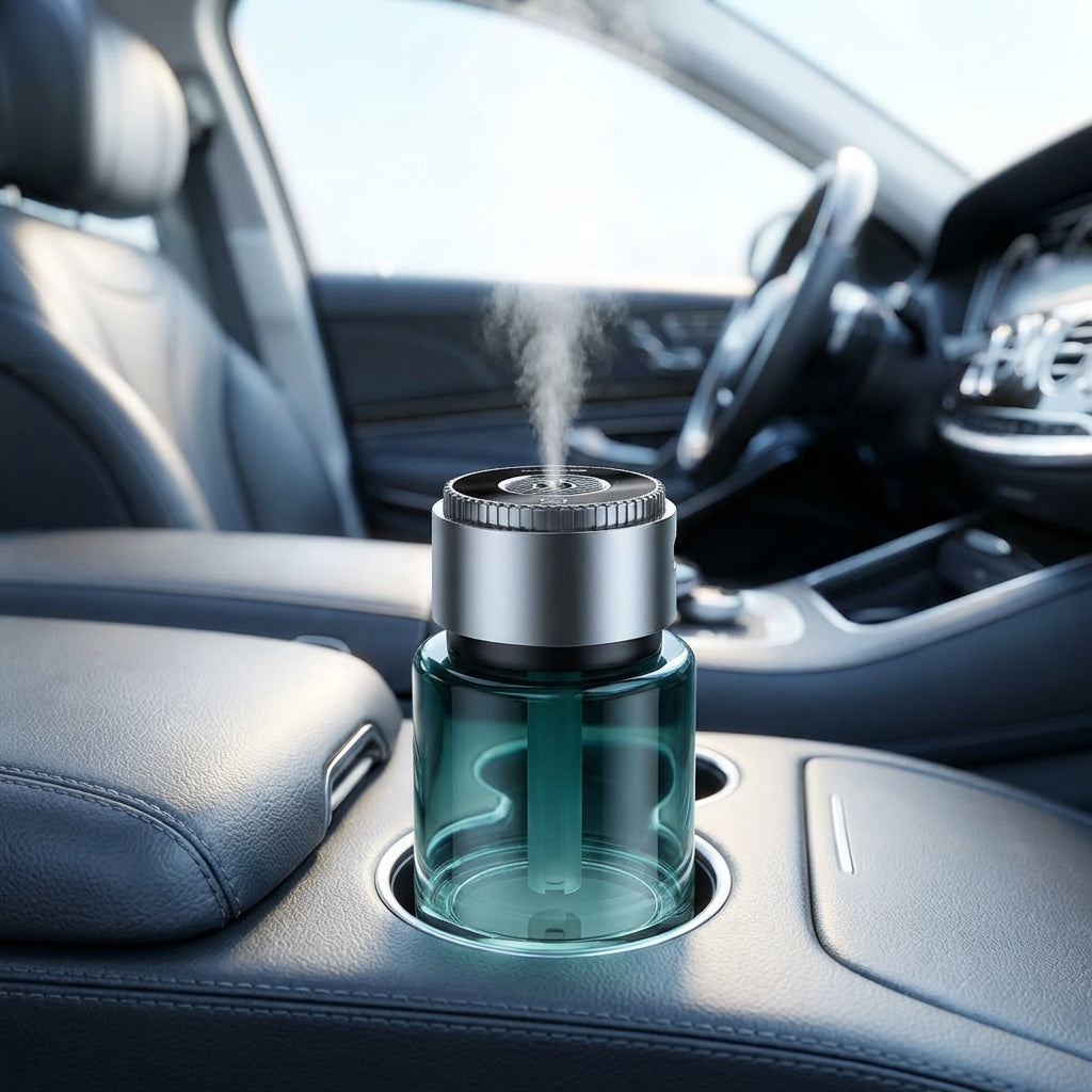 Smart car perfume diffuser in sleek silver and green design placed in car cup holder emitting mist