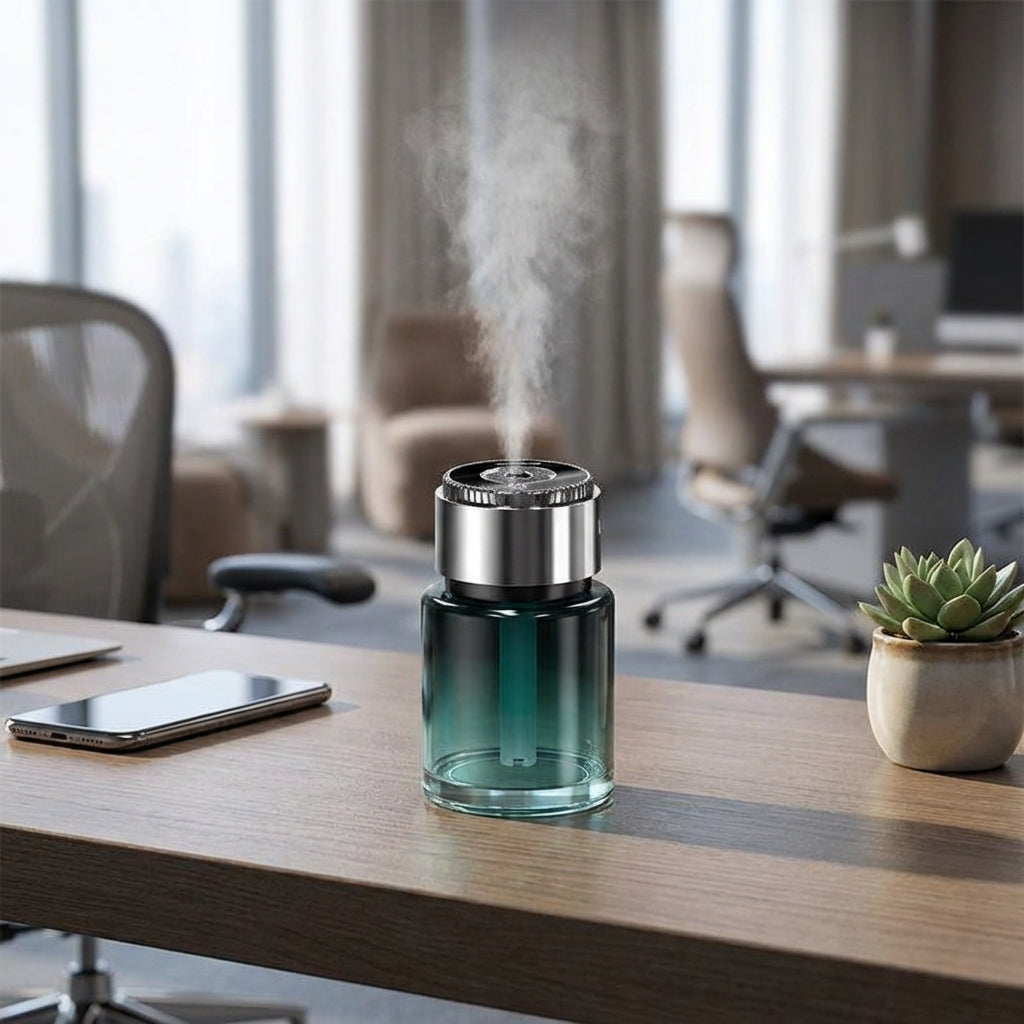 Auranza Cart smart car perfume diffuser releasing mist on office desk near phone and plant