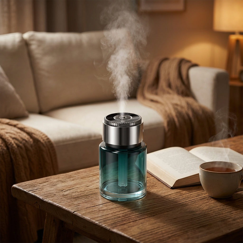 Auranza Cart smart car perfume diffuser releasing mist on a wooden table beside a cup and book in a cozy living room